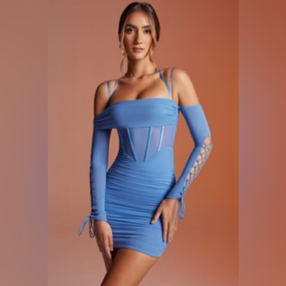 OH POLLY LACE UP LONG SLEEVE CORSET MINI DRESS IN BLUE